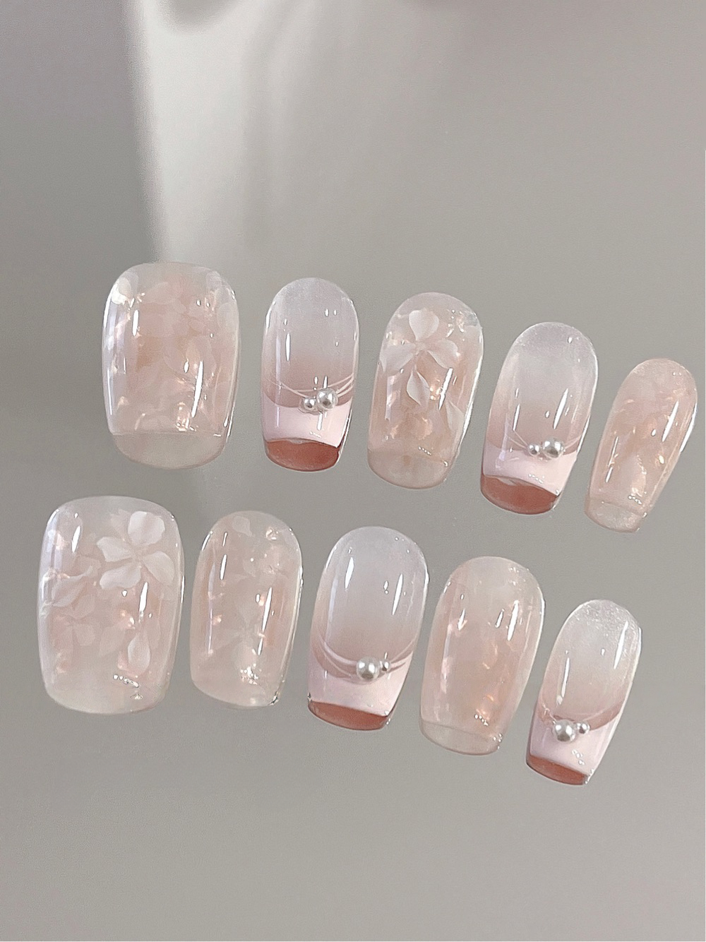 Everyday Glow — Rosy Nude with White Blossoms | Handmade Press-On Nails image 1