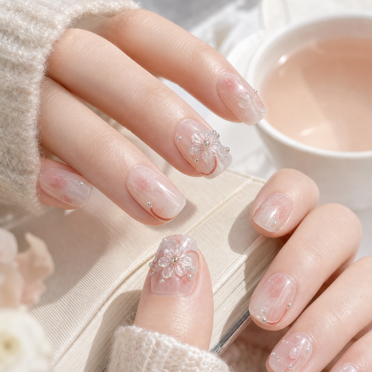 Everyday Glow — Rosy Nude with White Blossoms | Handmade Press-On Nails image 4