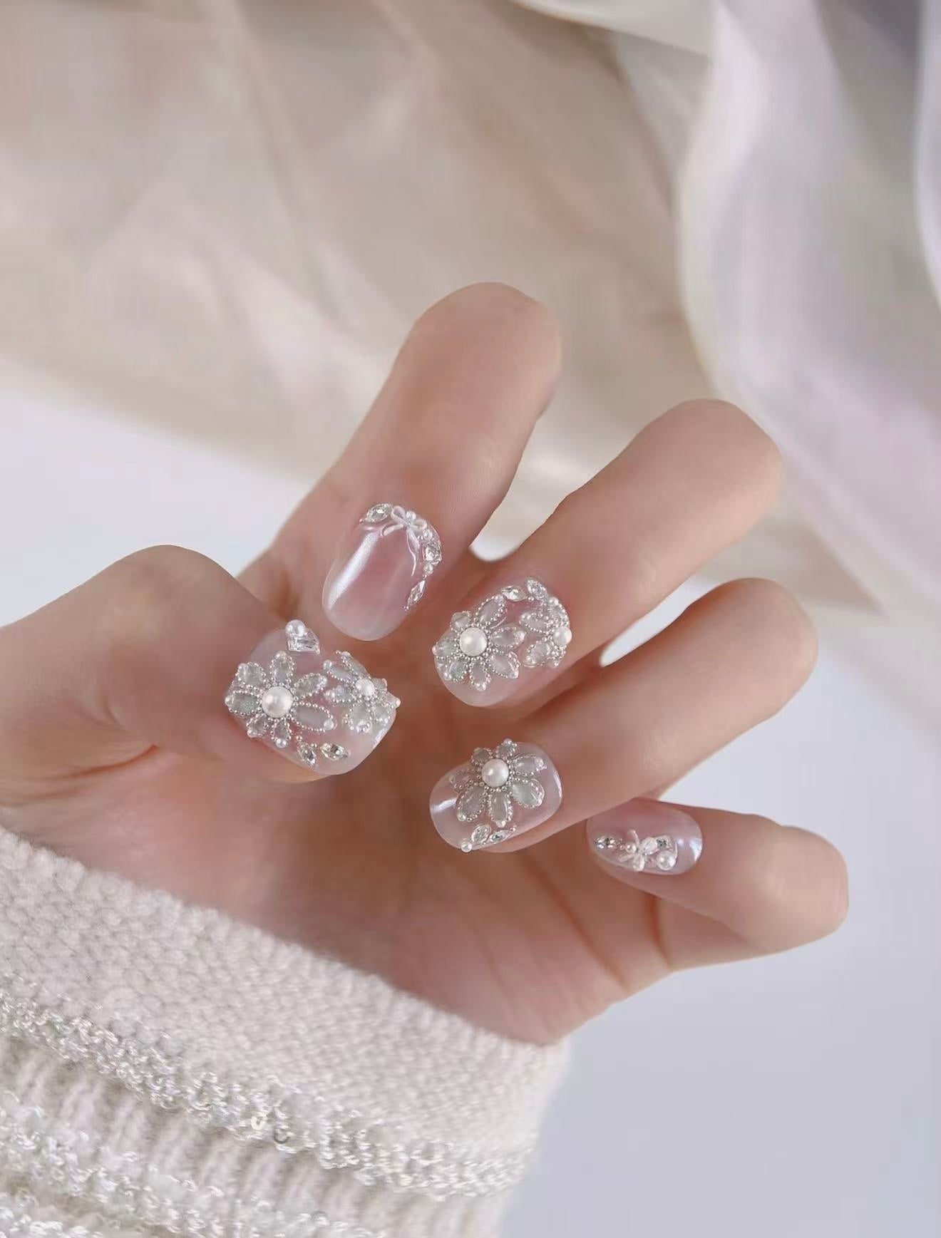 Flower Fairy Luxe — Crystal-Dusted 3D Blossoms | Handmade Press-On Nails image 2