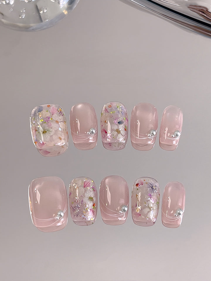 Gardenia — White Petal on Milky Blush | Handmade Press-On Nails image 1