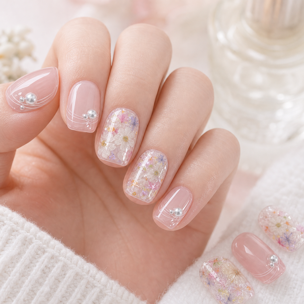 Gardenia — White Petal on Milky Blush | Handmade Press-On Nails image 4