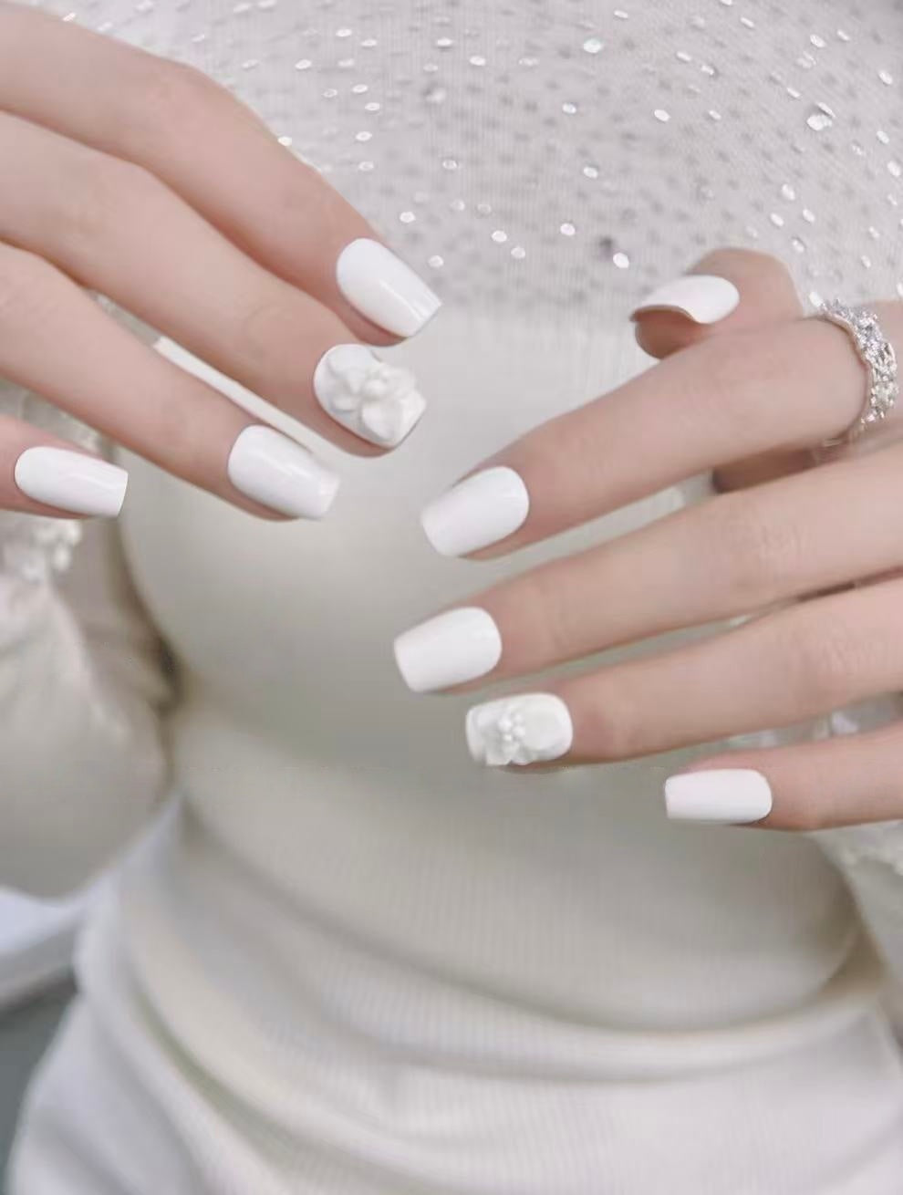 Gardenia White — Pure White with Pearl Glow | Handmade Press-On Nails image 4