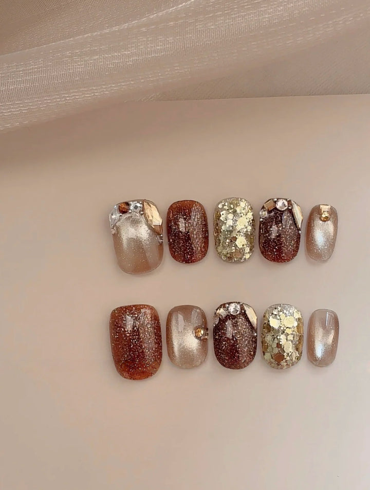 Gilded Years — Bronze, Gold & Burgundy Chrome | Handmade Press-On Nails image 1