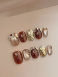 Gilded Years — Bronze, Gold & Burgundy Chrome | Handmade Press-On Nails image 2
