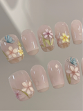 Hand-Painted Petals — Watercolour Florals on Soft French | Handmade Press-On Nails image 1