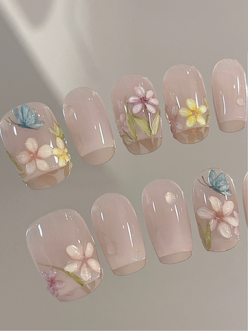 Hand-Painted Petals — Watercolour Florals on Soft French | Handmade Press-On Nails image 1