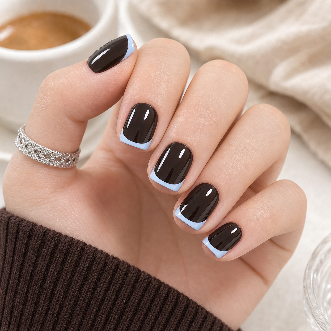 Hot Coffee — Espresso Gloss with Silver | Handmade Press-On Nails image 4