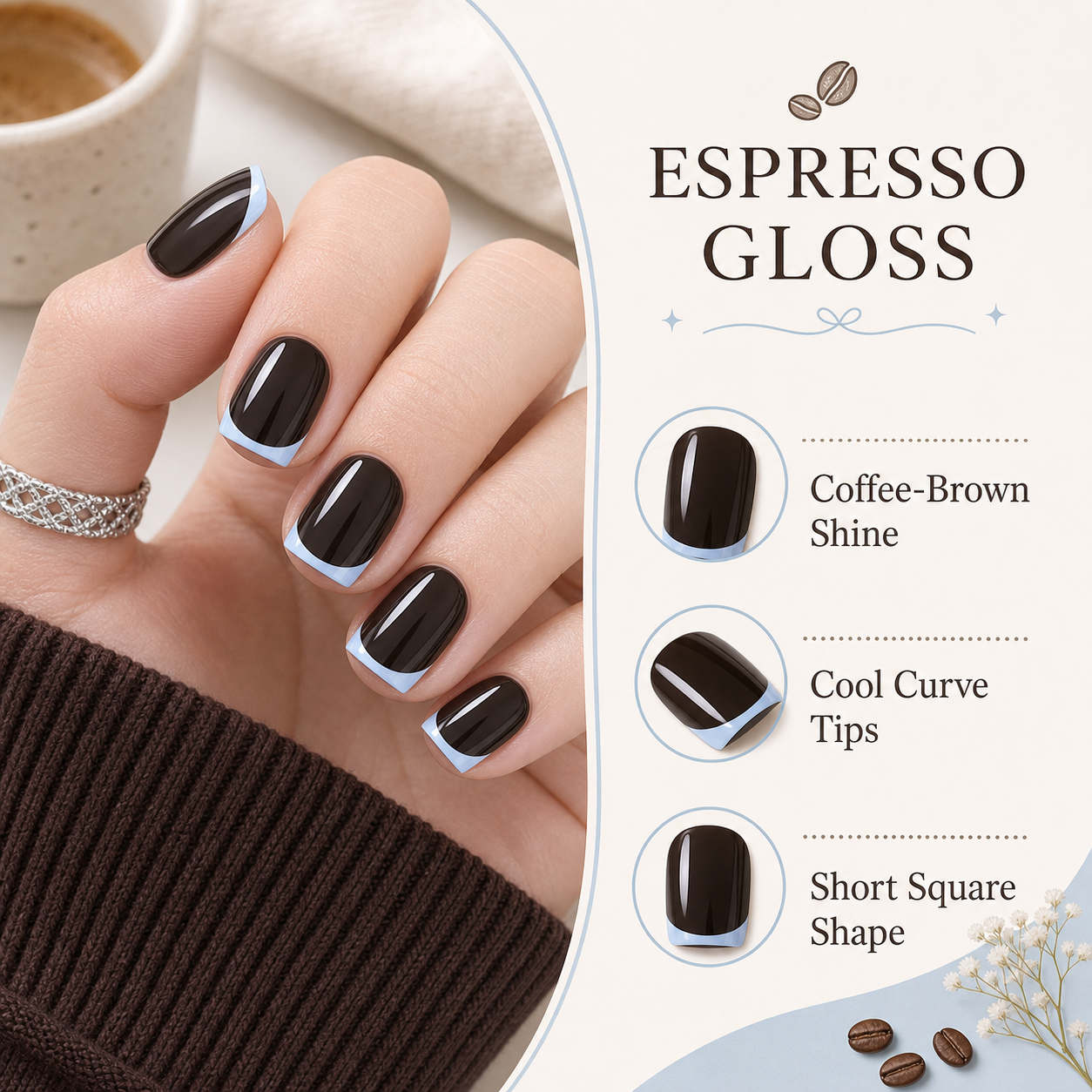 Hot Coffee — Espresso Gloss with Silver | Handmade Press-On Nails image 5