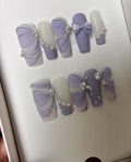 Lavender Bow & Pearl — Matte Chiffon Drapes with Pearls | Handmade Press-On Nails image 1