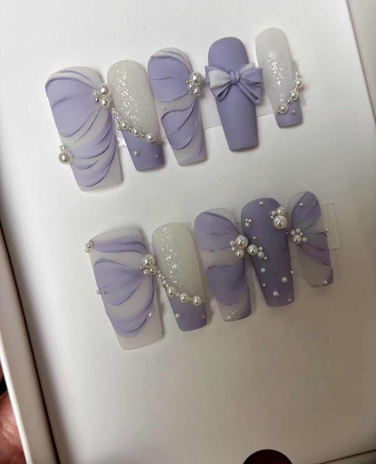 Lavender Bow & Pearl — Matte Chiffon Drapes with Pearls | Handmade Press-On Nails image 1
