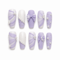 Lavender Bow & Pearl — Matte Chiffon Drapes with Pearls | Handmade Press-On Nails image 1