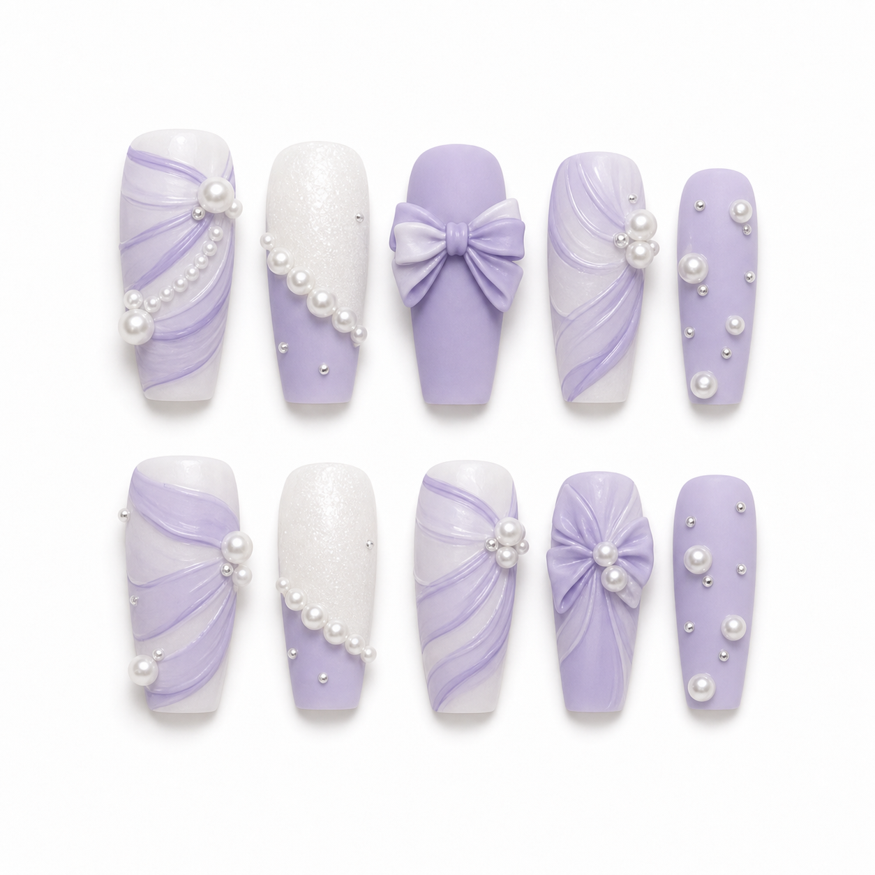 Lavender Bow & Pearl — Matte Chiffon Drapes with Pearls | Handmade Press-On Nails image 1