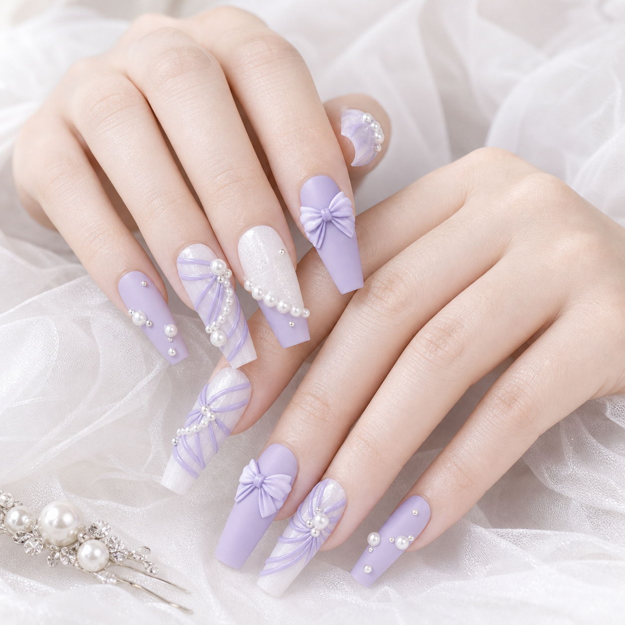 Lavender Bow & Pearl — Matte Chiffon Drapes with Pearls | Handmade Press-On Nails image 2