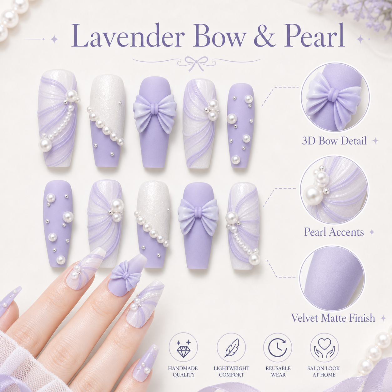 Lavender Bow & Pearl — Matte Chiffon Drapes with Pearls | Handmade Press-On Nails image 5