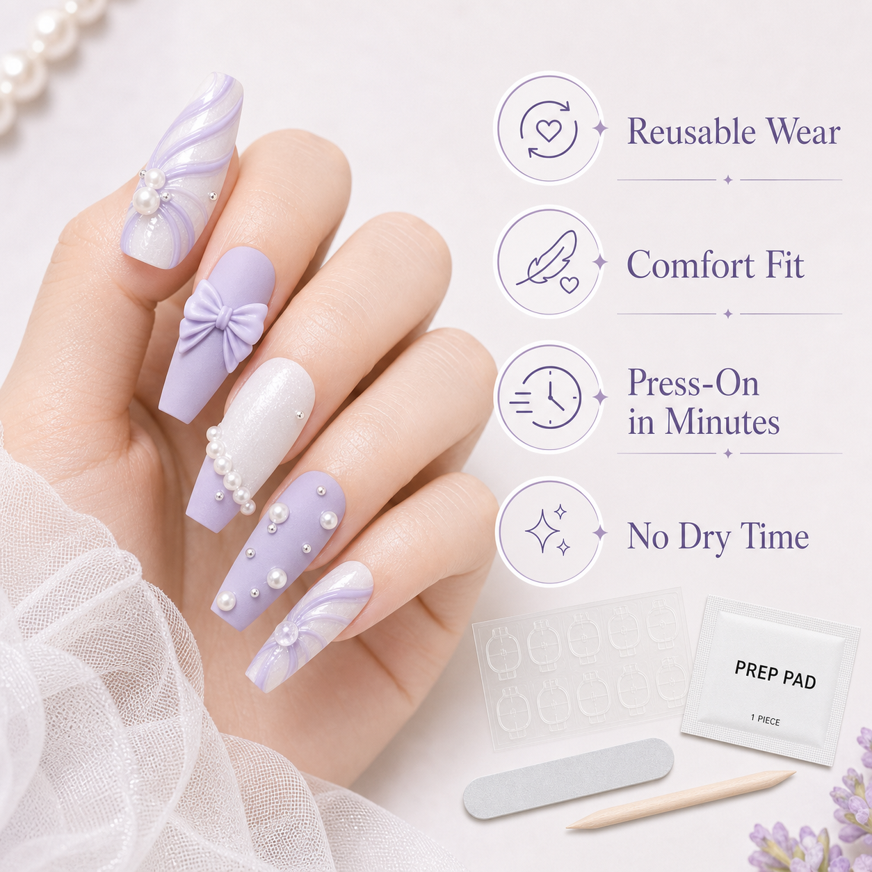 Lavender Bow & Pearl — Matte Chiffon Drapes with Pearls | Handmade Press-On Nails image 6