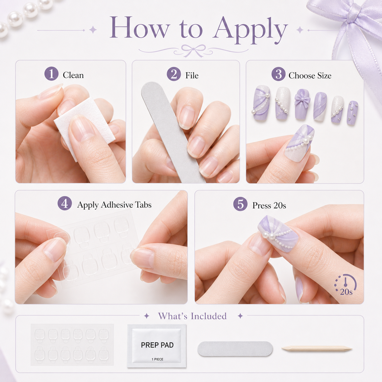 Lavender Bow & Pearl — Matte Chiffon Drapes with Pearls | Handmade Press-On Nails image 7