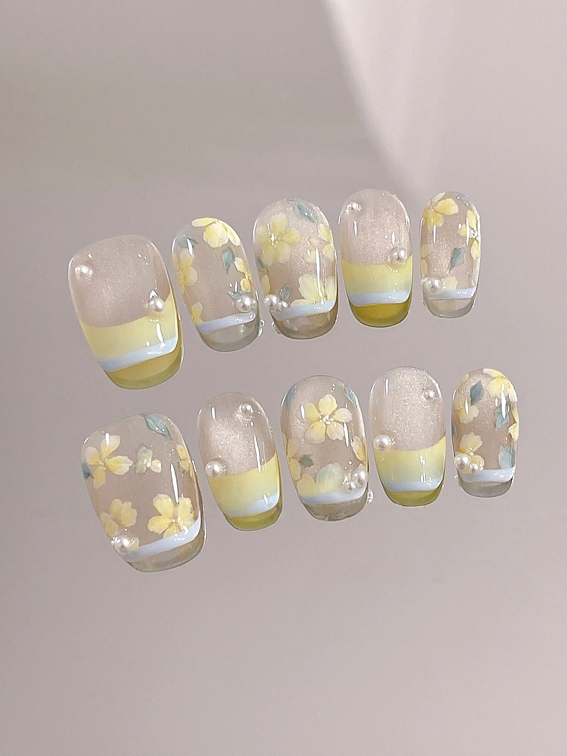 Lemon & Sky Cat-Eye — Sunny Yellow-Blue French | Handmade Press-On Nails image 2