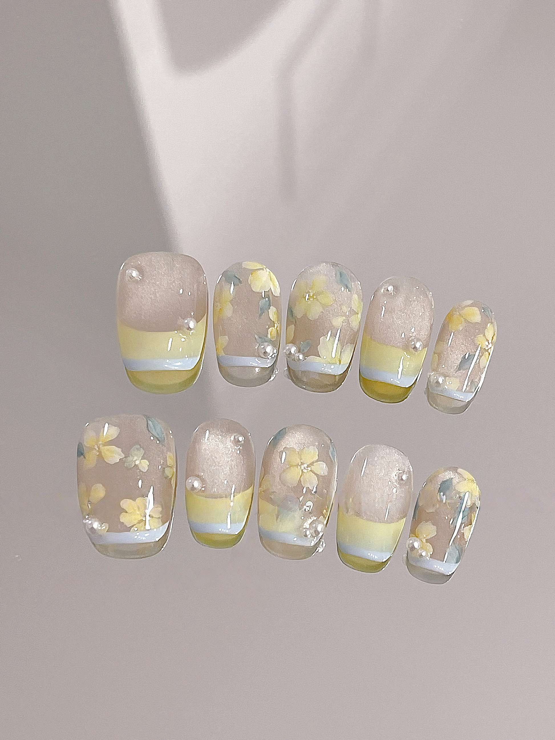 Lemon & Sky Cat-Eye — Sunny Yellow-Blue French | Handmade Press-On Nails image 3