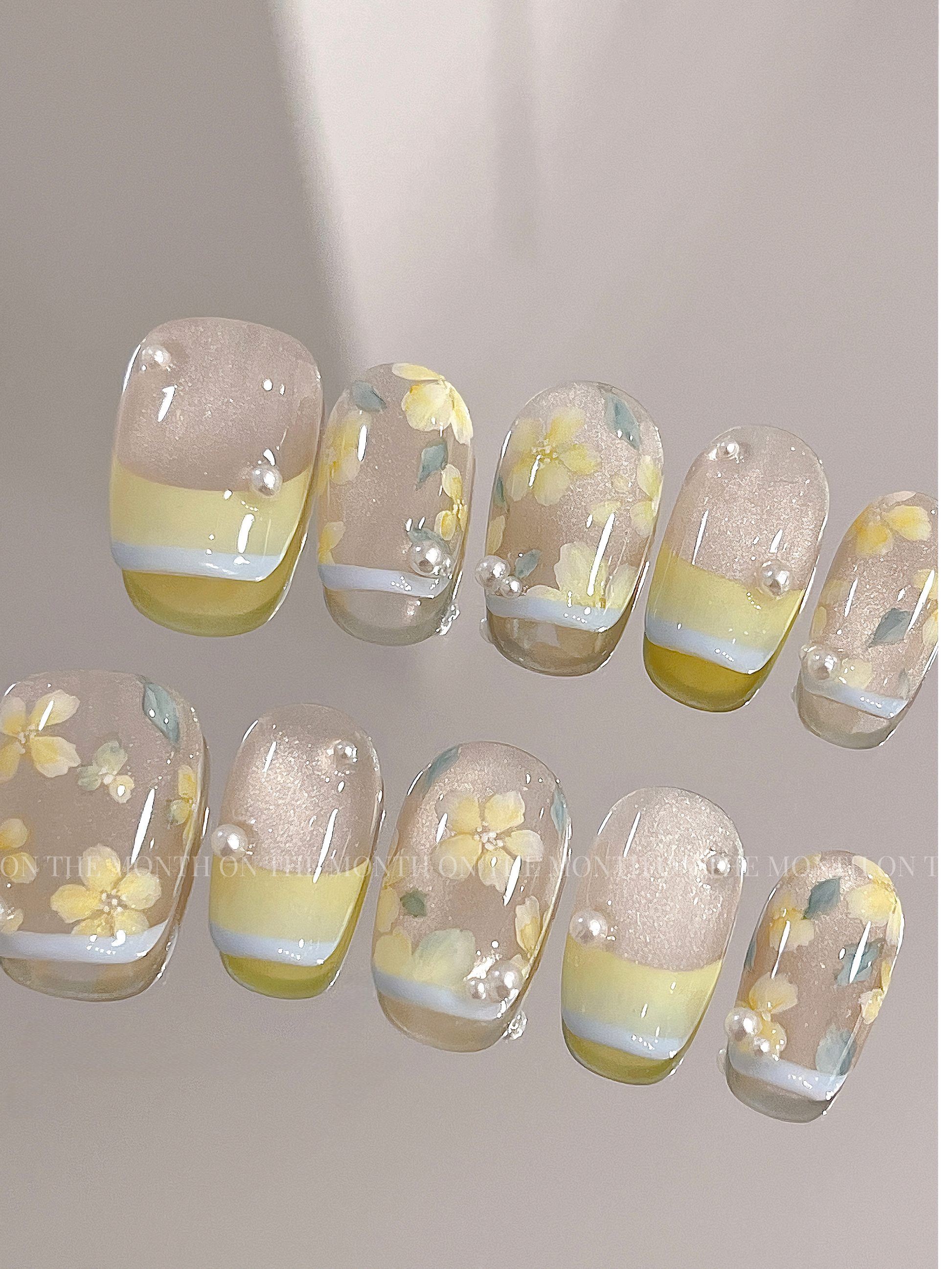Lemon & Sky Cat-Eye — Sunny Yellow-Blue French | Handmade Press-On Nails image 5
