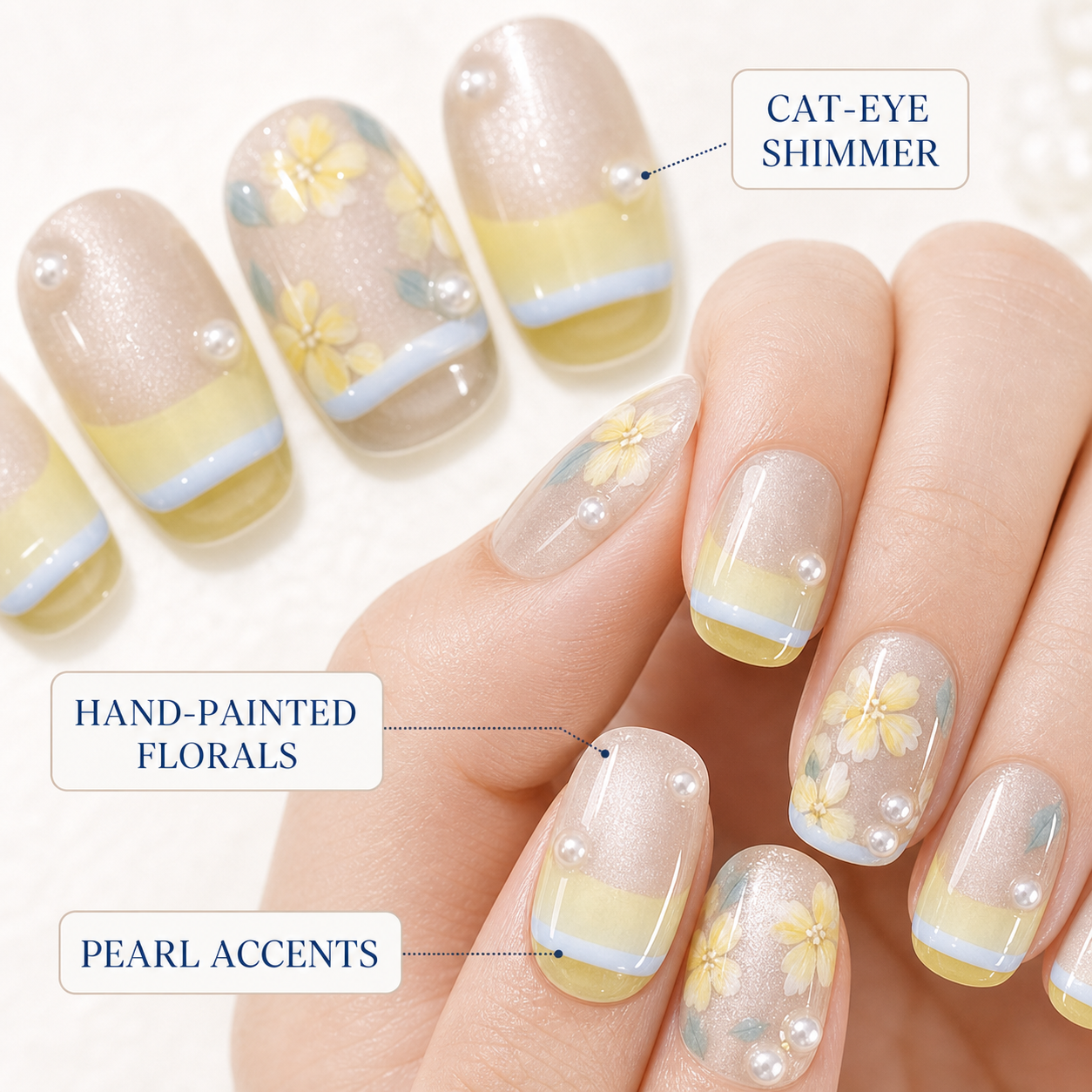 Lemon & Sky Cat-Eye — Sunny Yellow-Blue French | Handmade Press-On Nails image 4