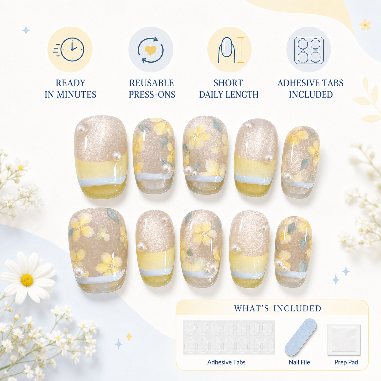 Lemon & Sky Cat-Eye — Sunny Yellow-Blue French | Handmade Press-On Nails image 6