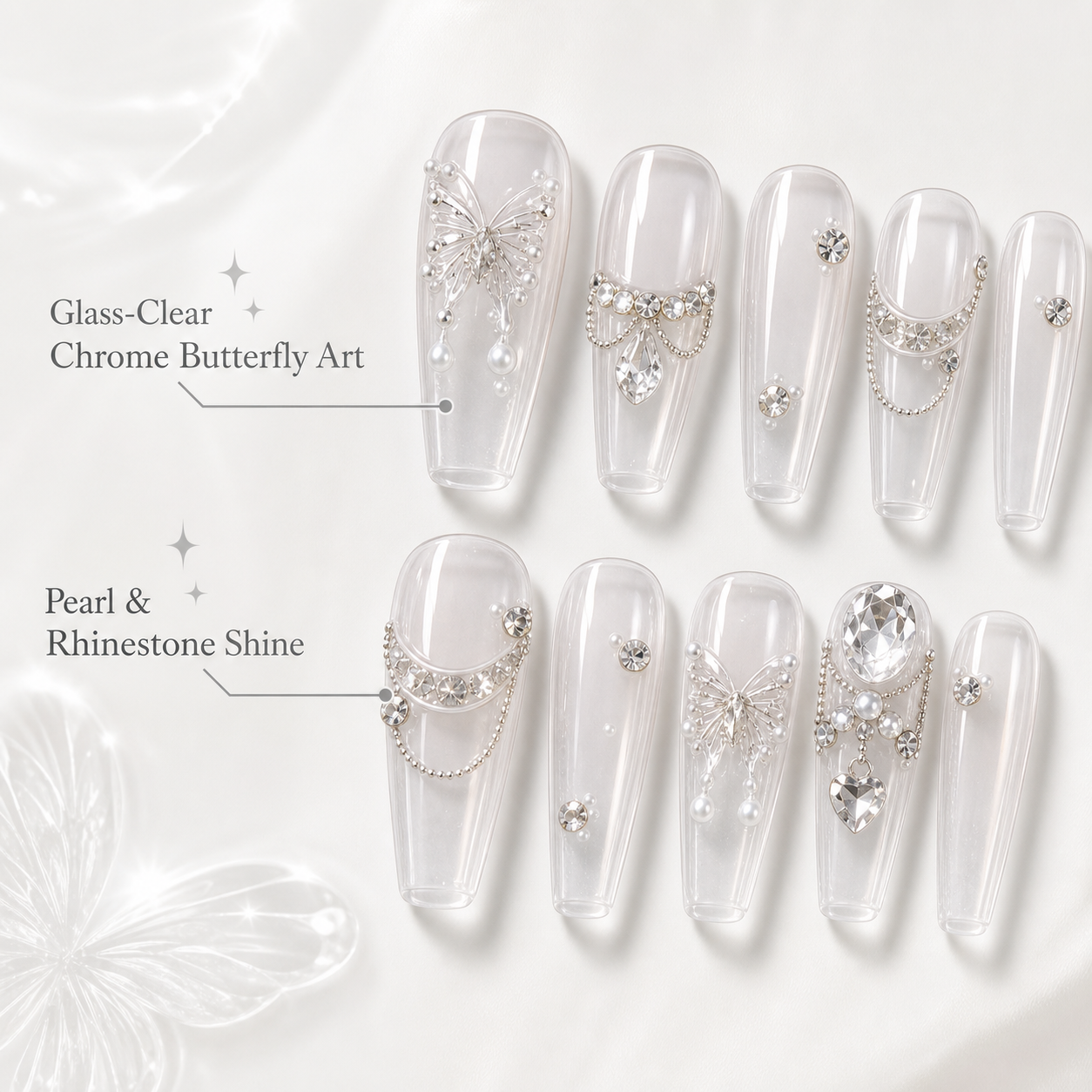 Liquid Butterfly — Chrome Wings in Glass | Handmade Press-On Nails image 6
