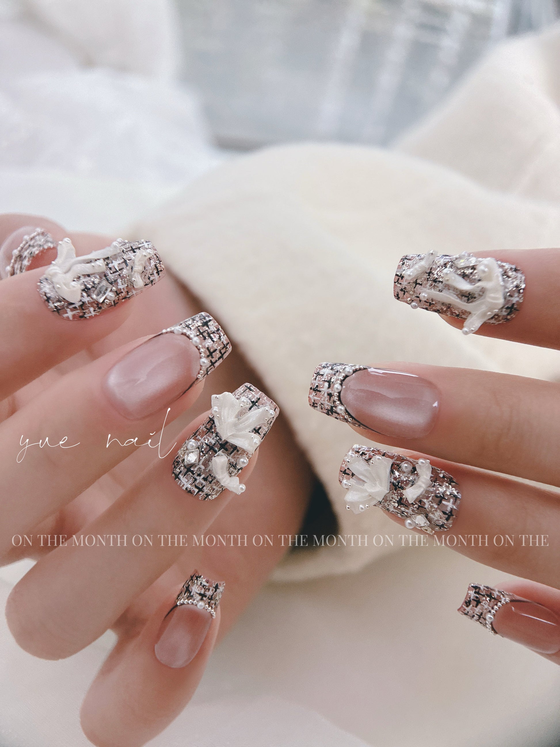 Little Luxe Tweed — Ivory Tweed, Pearls & Silver Thread | Handmade Press-On Nails image 1