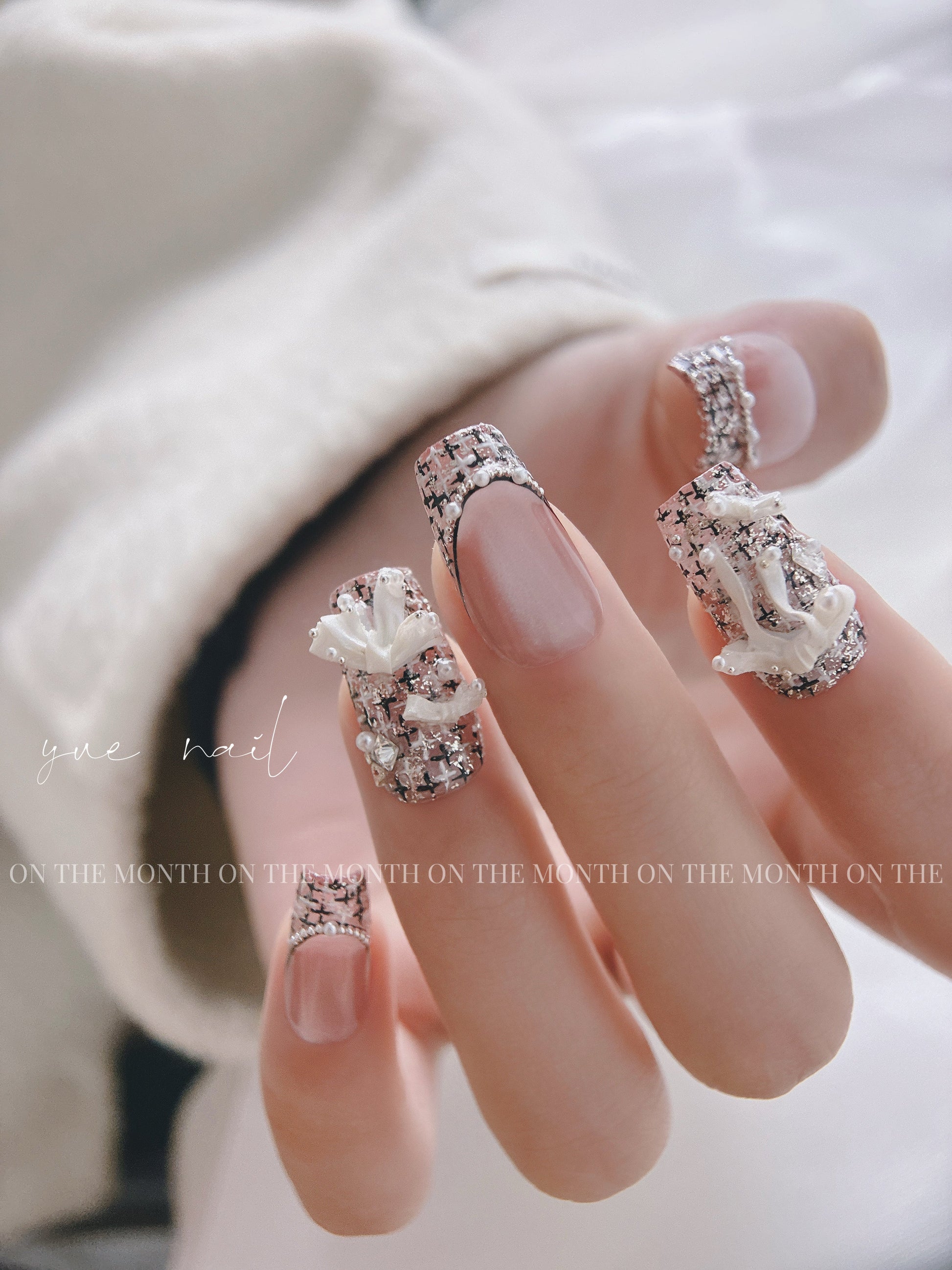 Little Luxe Tweed — Ivory Tweed, Pearls & Silver Thread | Handmade Press-On Nails image 3