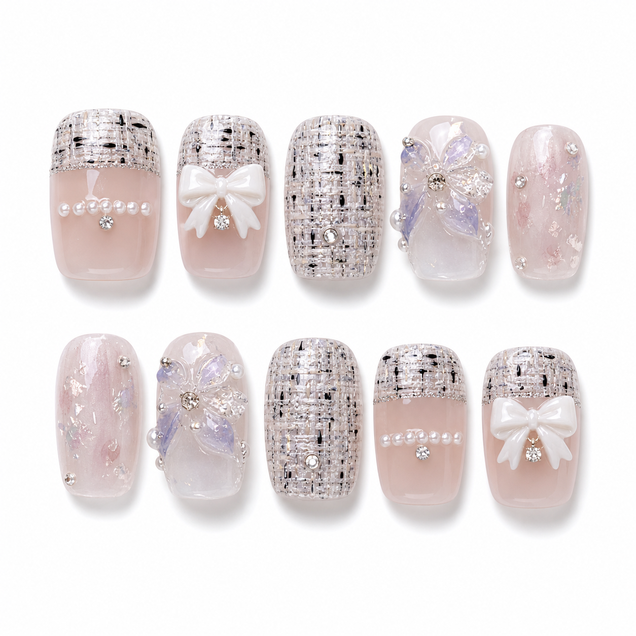 Little Luxe Tweed — Ivory Tweed, Pearls & Silver Thread | Handmade Press-On Nails image 1