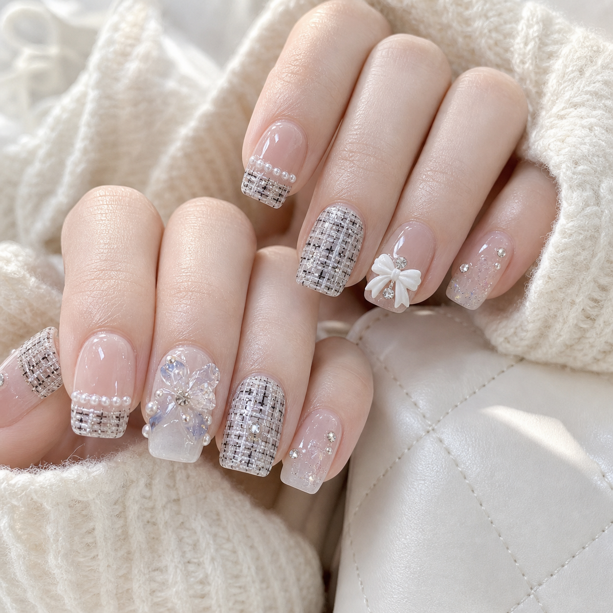 Little Luxe Tweed — Ivory Tweed, Pearls & Silver Thread | Handmade Press-On Nails image 4