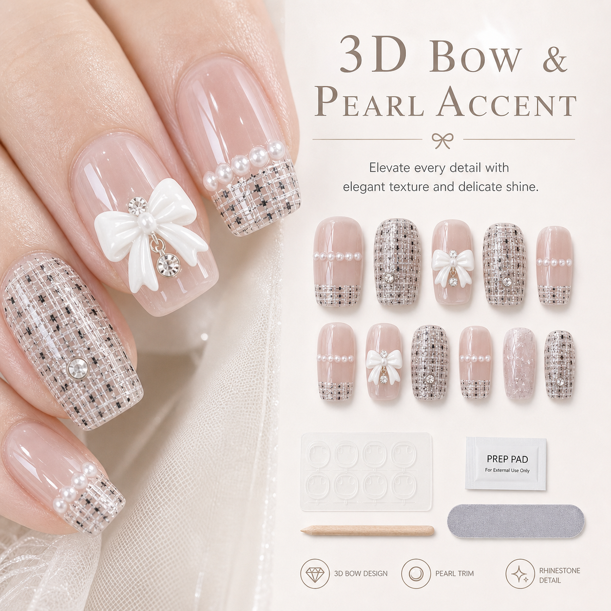 Little Luxe Tweed — Ivory Tweed, Pearls & Silver Thread | Handmade Press-On Nails image 6