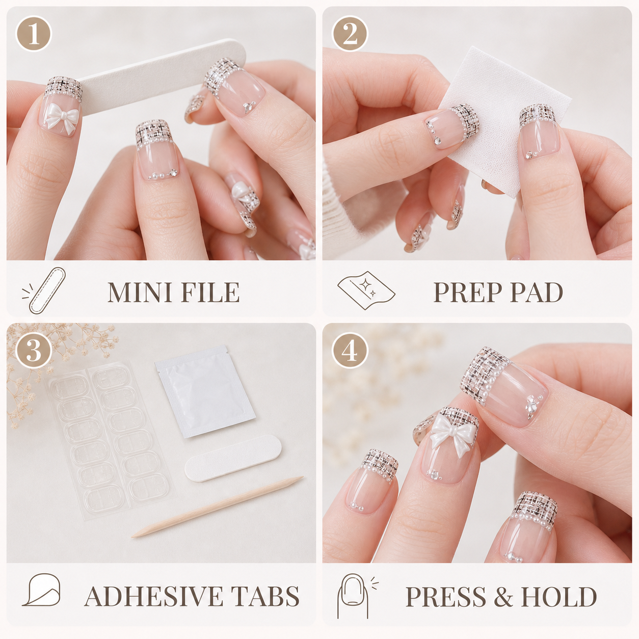 Little Luxe Tweed — Ivory Tweed, Pearls & Silver Thread | Handmade Press-On Nails image 7