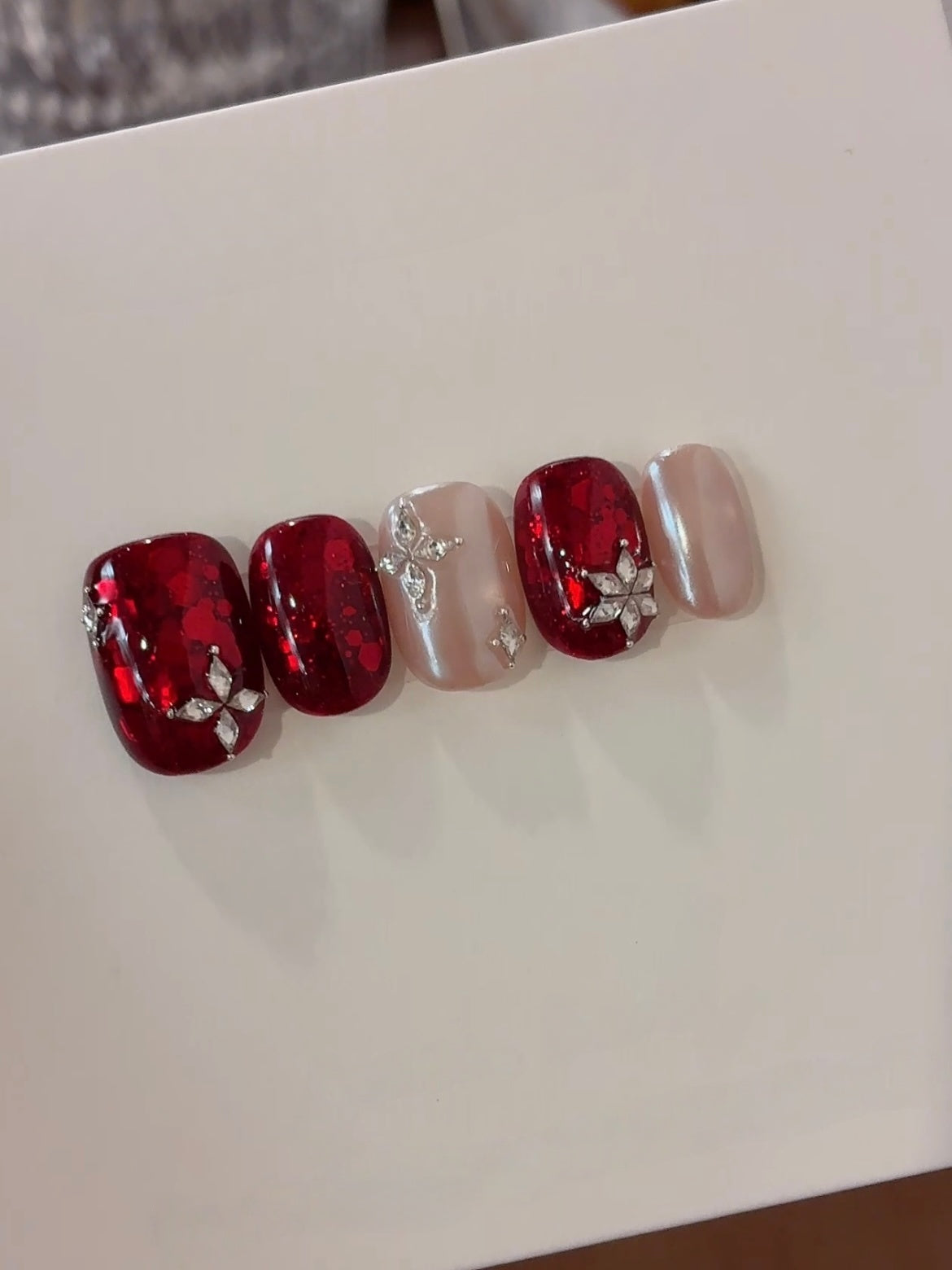 Lucky Red Sparkle — Crimson Glitter & Sheer Nude | Handmade Press-On Nails image 2