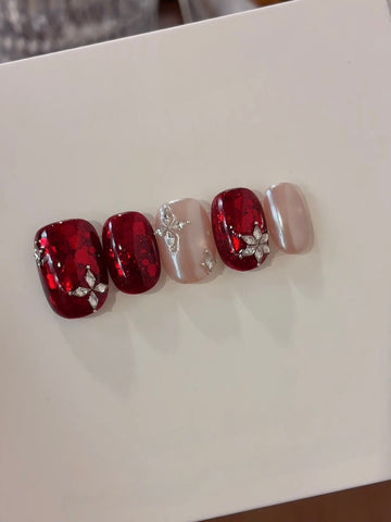 Lucky Red Sparkle — Crimson Glitter & Sheer Nude | Handmade Press-On Nails image 2