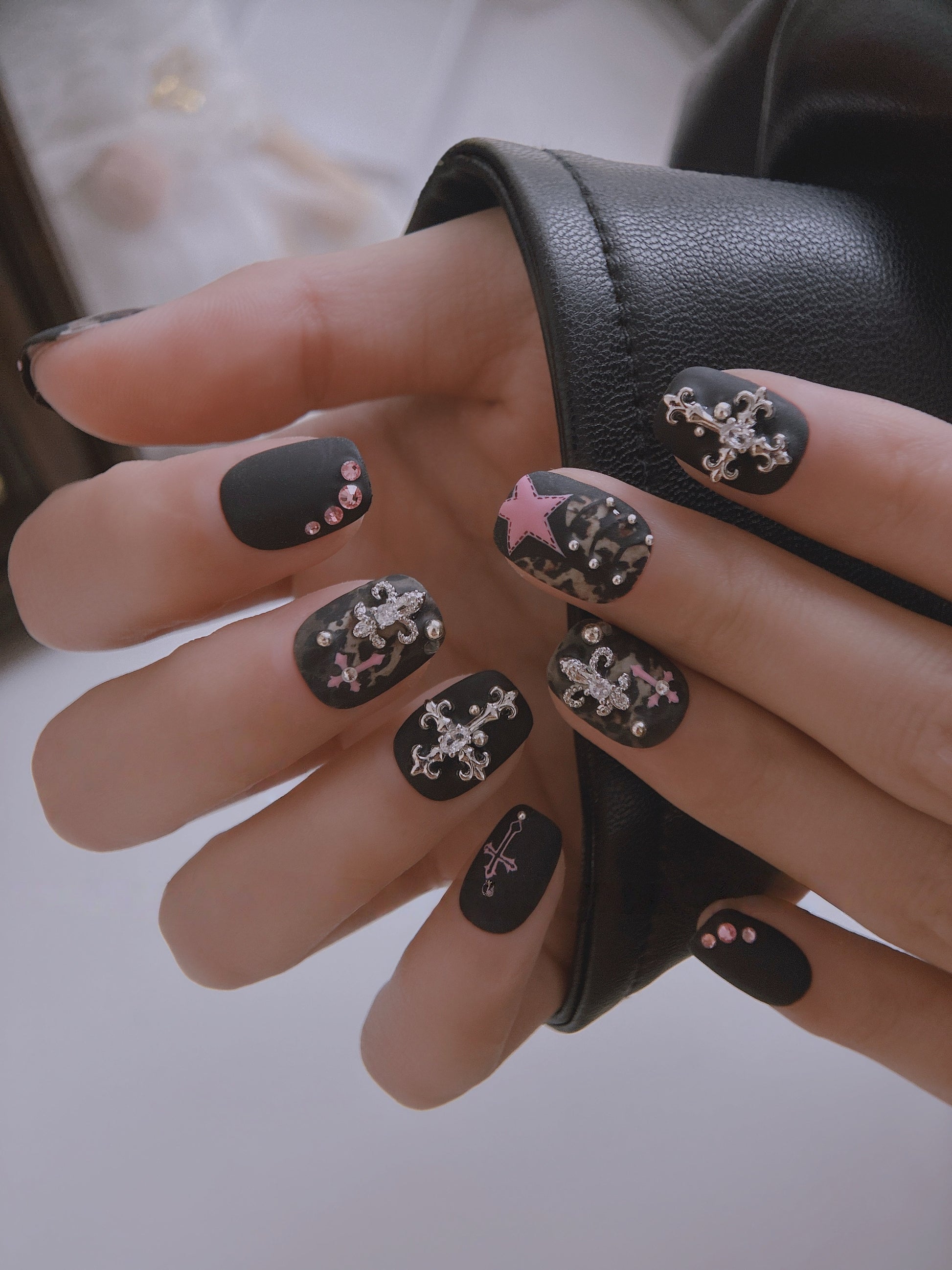 Matte Leopard — Velvet Charcoal, Stars & Pearls | Handmade Press-On Nails image 2