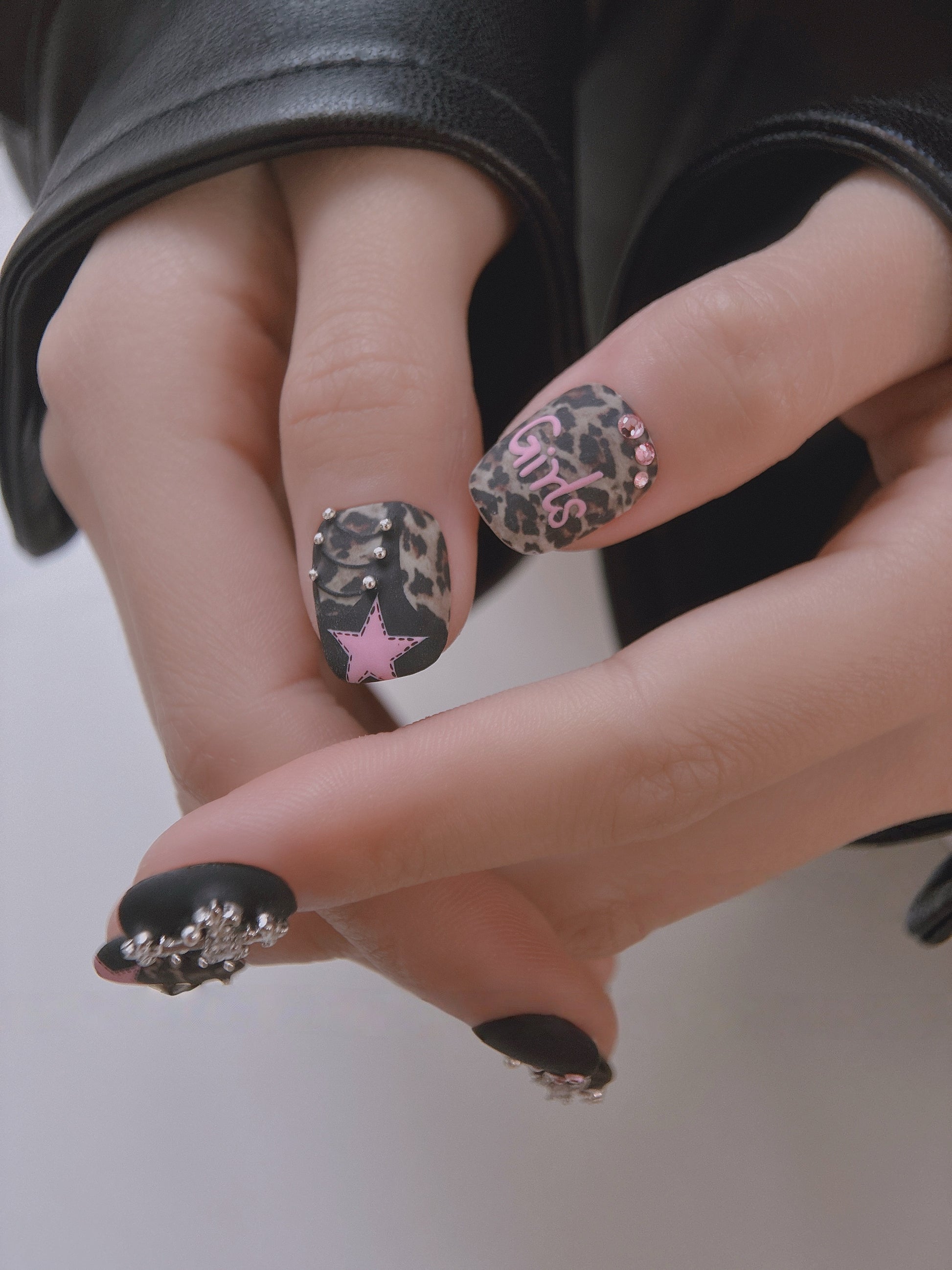 Matte Leopard — Velvet Charcoal, Stars & Pearls | Handmade Press-On Nails image 3