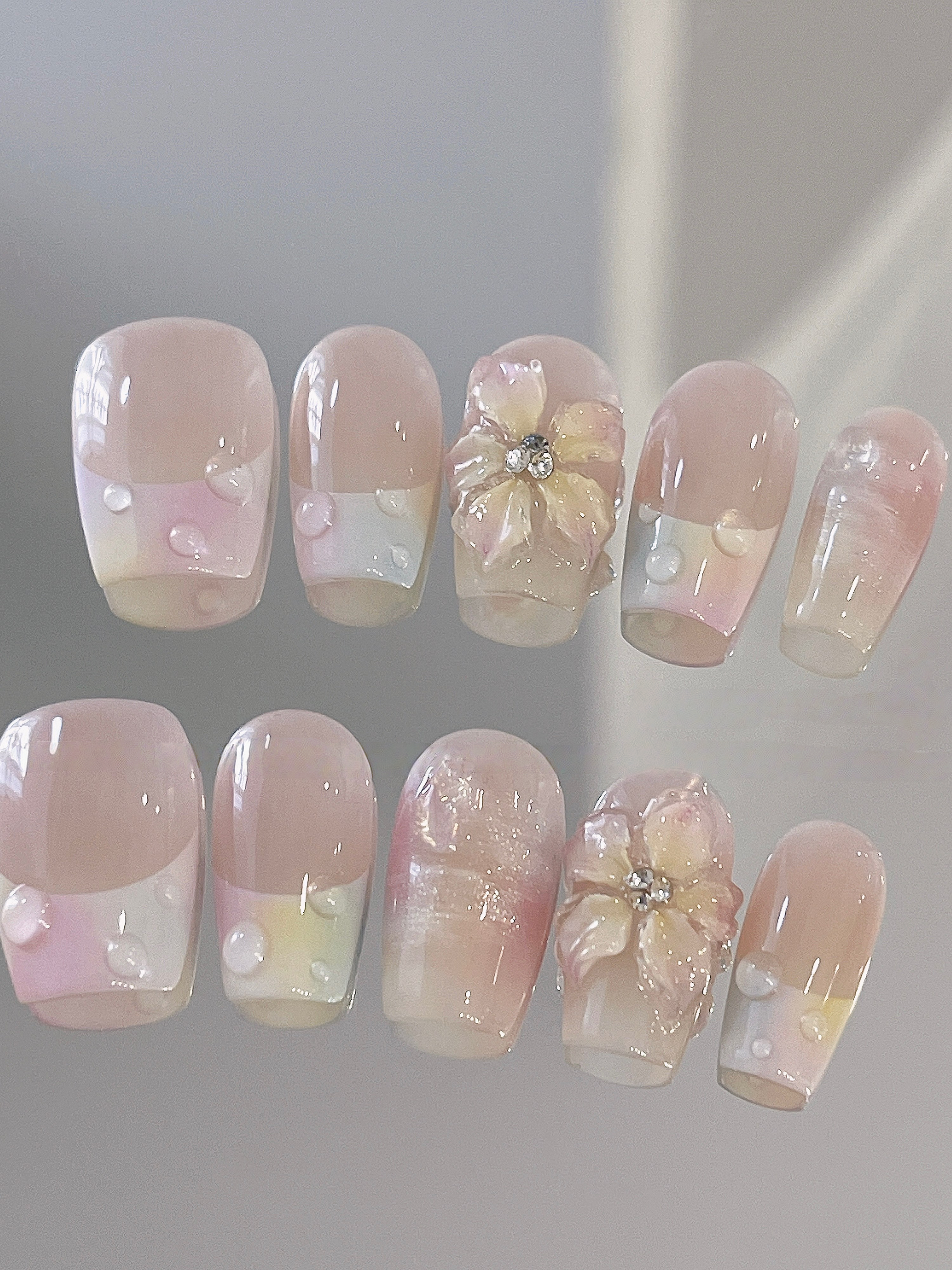 Milky Ice Bloom — Creamy French with Ice Flowers | Handmade Press-On Nails image 1