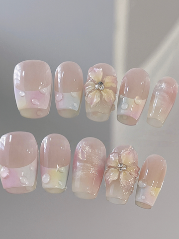 Milky Ice Bloom — Creamy French with Ice Flowers | Handmade Press-On Nails image 1