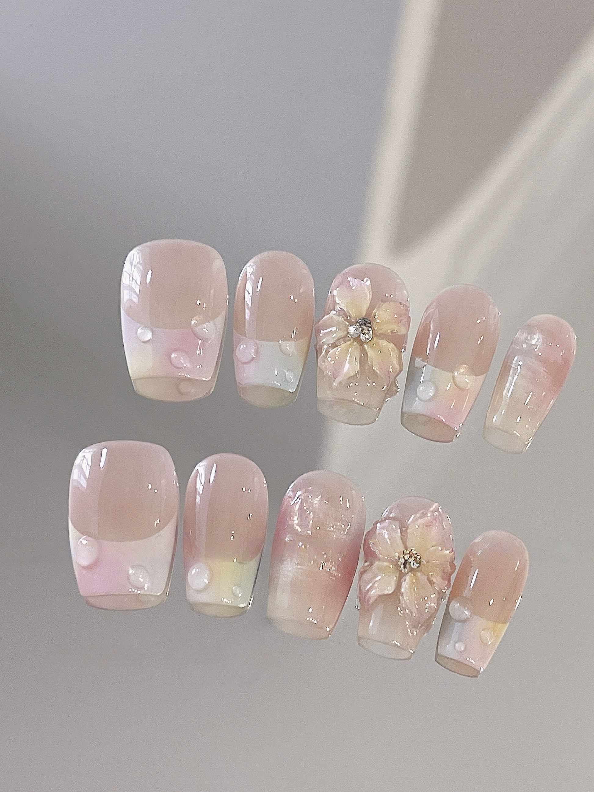Milky Ice Bloom — Creamy French with Ice Flowers | Handmade Press-On Nails image 3