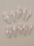 Mirror Pink Carved Bloom — Chrome Shine & Porcelain Flowers | Handmade Press-On Nails image 1