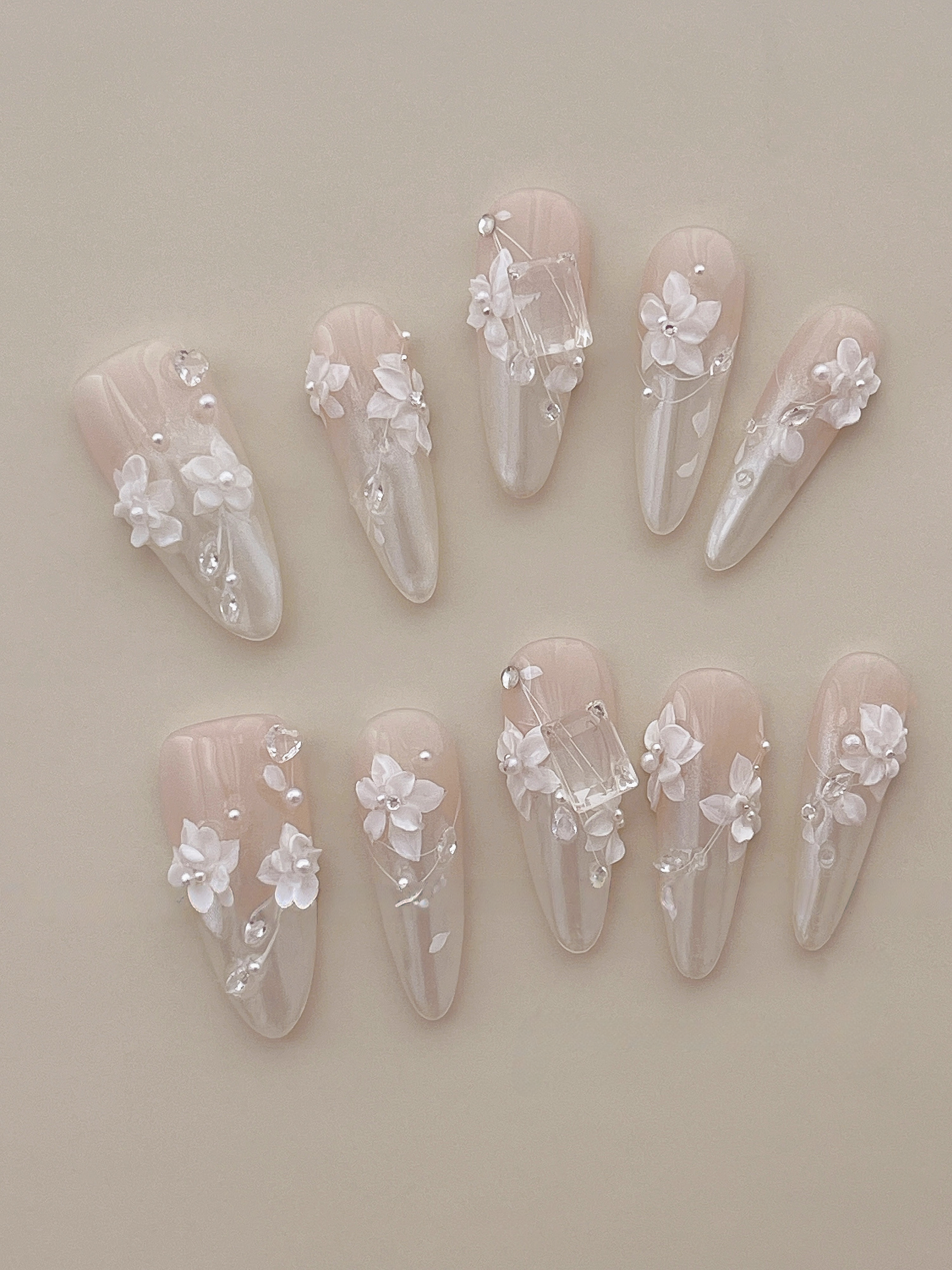 Mirror Pink Carved Bloom — Chrome Shine & Porcelain Flowers | Handmade Press-On Nails image 1