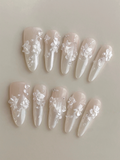 Mirror Pink Carved Bloom — Chrome Shine & Porcelain Flowers | Handmade Press-On Nails image 2