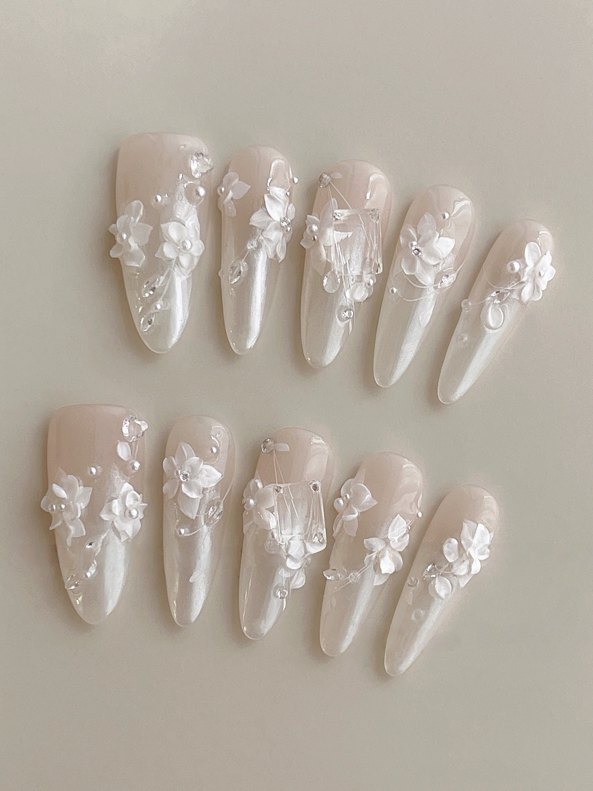 Mirror Pink Carved Bloom — Chrome Shine & Porcelain Flowers | Handmade Press-On Nails image 2