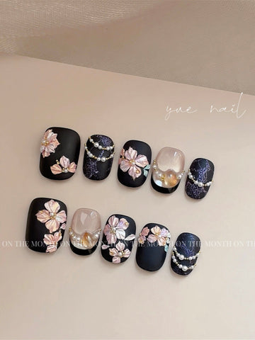 Night Isle Garden — Blush Blossoms on Ink Navy | Handmade Press-On Nails image 1