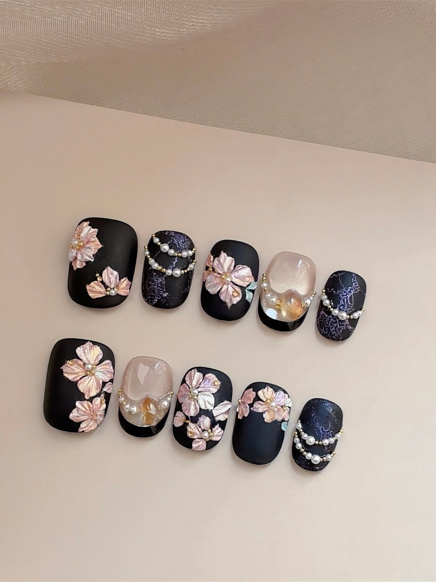 Night Isle Garden — Blush Blossoms on Ink Navy | Handmade Press-On Nails image 2