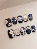 Night Isle Garden — Blush Blossoms on Ink Navy | Handmade Press-On Nails image 3