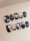 Night Isle Garden — Blush Blossoms on Ink Navy | Handmade Press-On Nails image 4