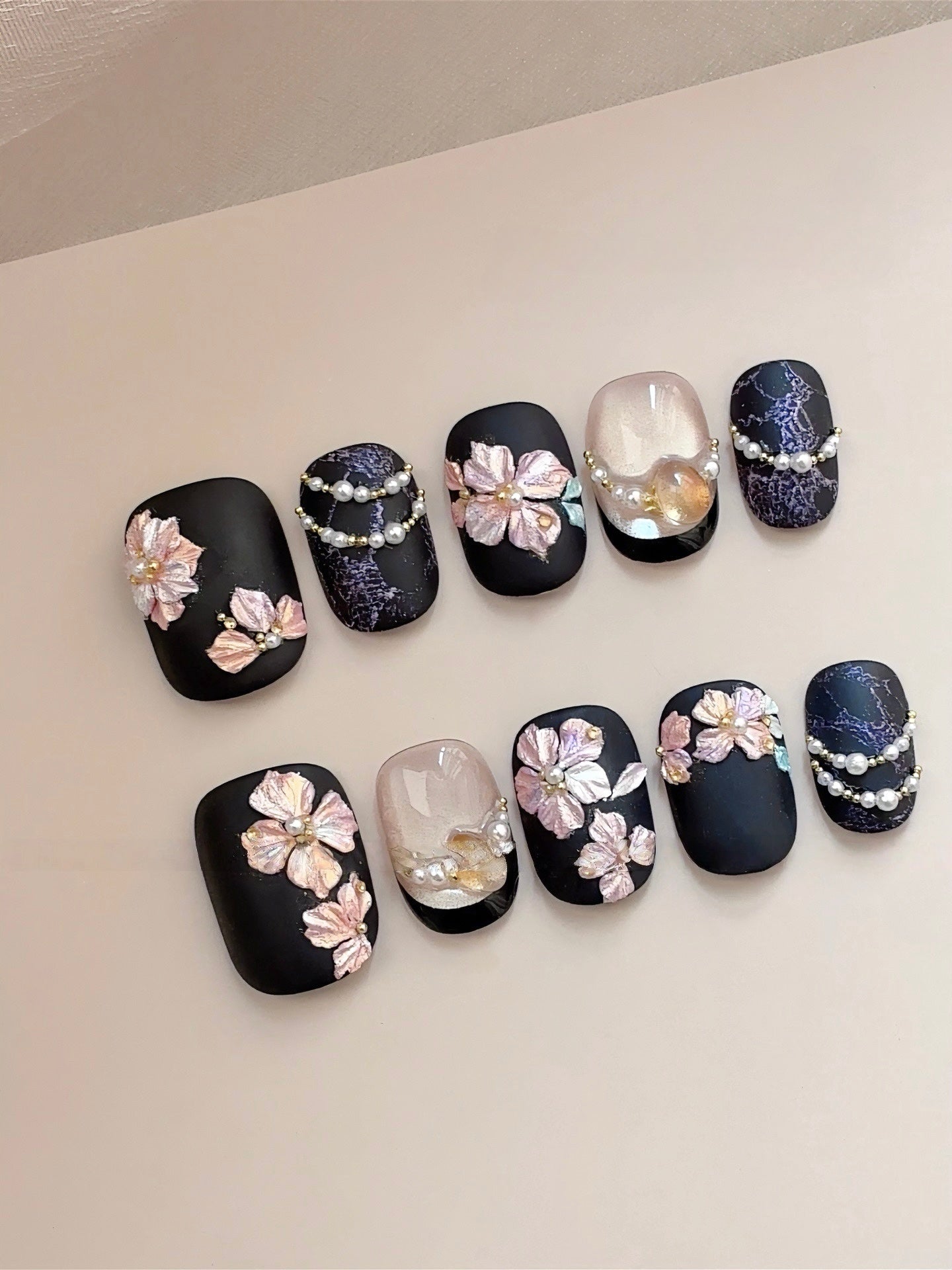 Night Isle Garden — Blush Blossoms on Ink Navy | Handmade Press-On Nails image 4