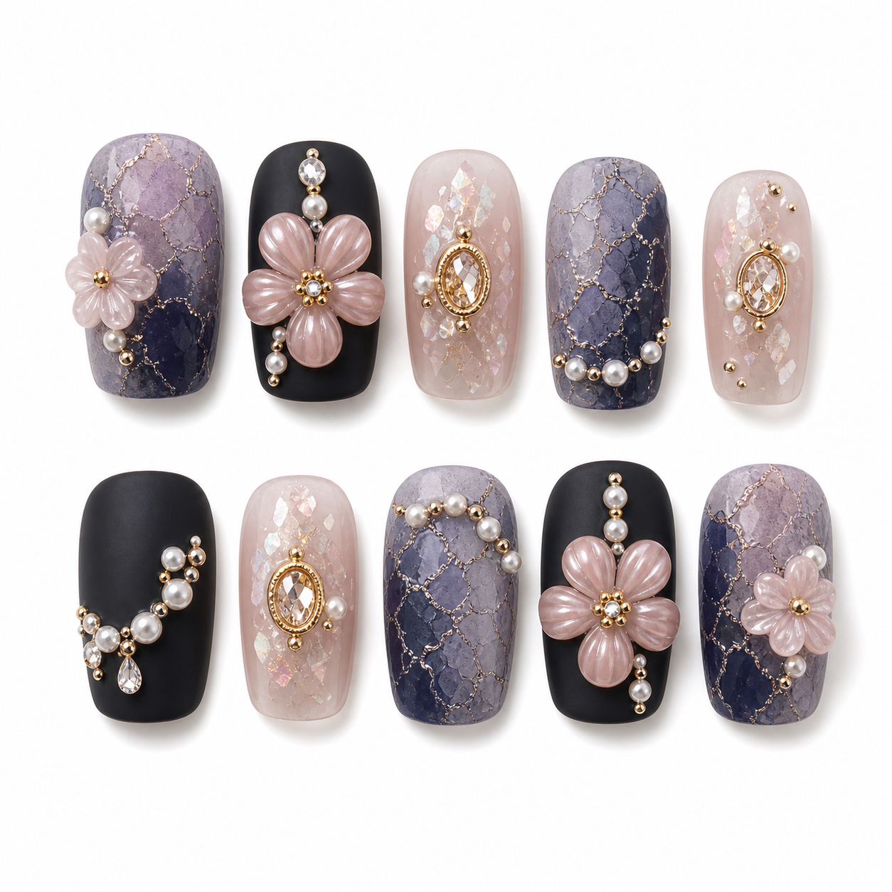 Night Isle Garden — Blush Blossoms on Ink Navy | Handmade Press-On Nails image 1