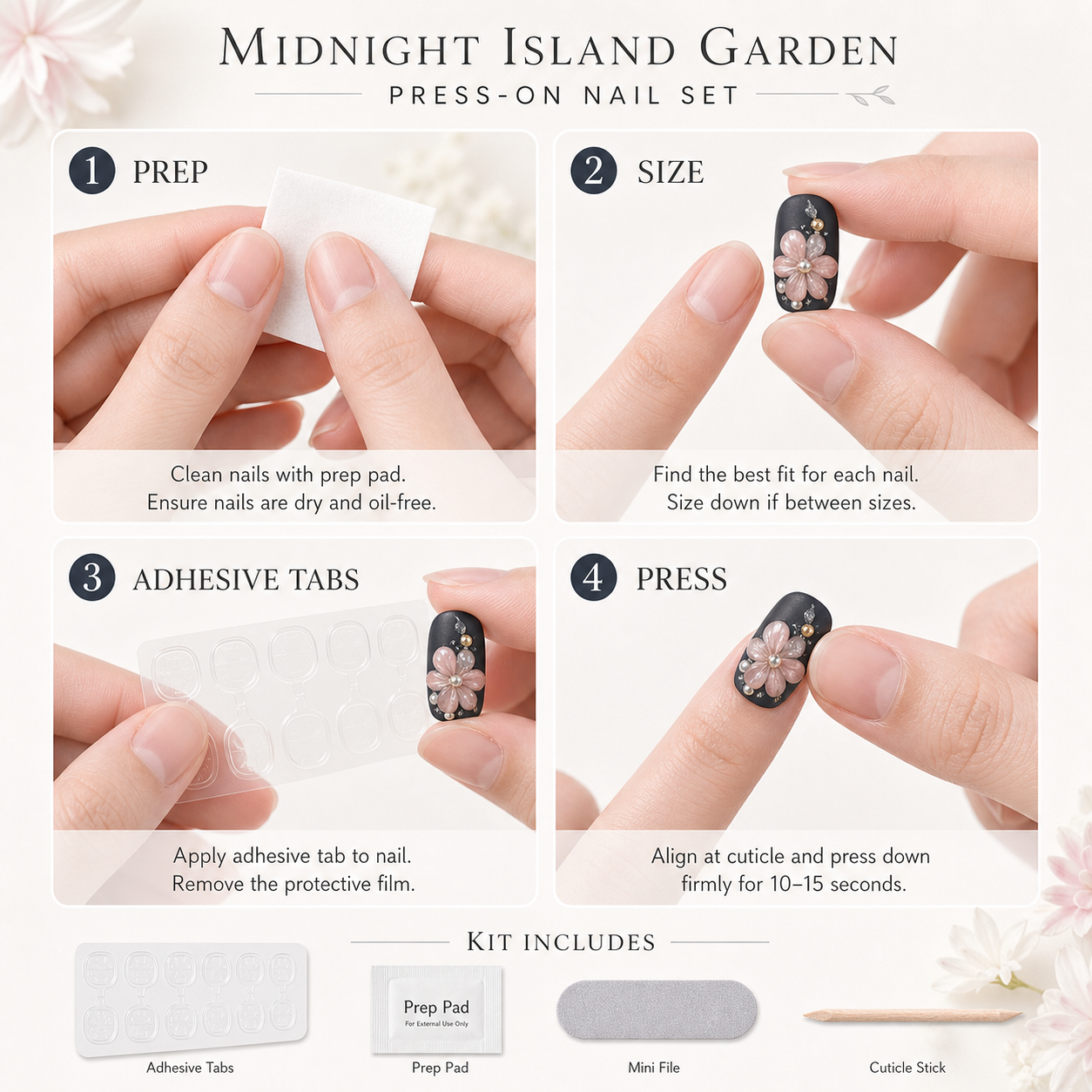 Night Isle Garden — Blush Blossoms on Ink Navy | Handmade Press-On Nails image 7